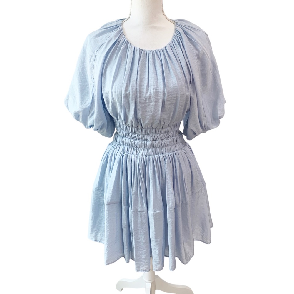 Vici Light Blue Puff Sleeve Cut-Out Detail Mini Dress Sz M - Picture 3 of 15